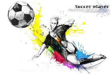 Naklejka na ściany i meble football player. Soccer silhouette hand drawn illustration