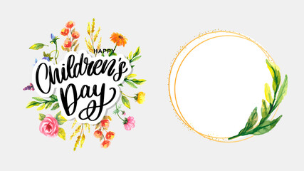 happy children's day, cute vector greeting card with funny letters in scandinavian style and cartoon landscape