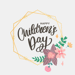 Obraz premium happy children's day, cute vector greeting card with funny letters in scandinavian style and cartoon landscape