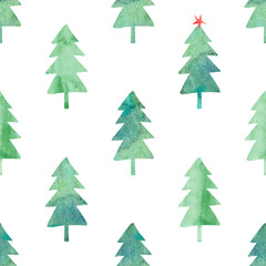 Seamless pattern with watercolor winter forest.