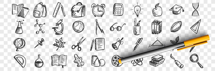 School doodle set. Collection of hand drawn sketches patterns templates of classroom equipment books blackboards desks on transparent background. Back to college unversity and education illustration.