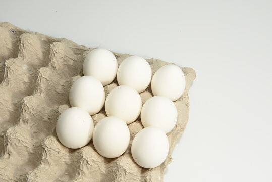 Nine white eggs in an egg tray - Top View