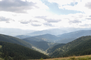 Summer landscape in mountains and the dark blue sky with clouds. Landscape from Bucegi Mountains, part of Southern Carpathians in Romania in a very foggy day