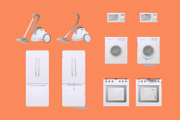 Set of white household appliances on a background of carrots color. Repair of washing machines, refrigerators, stoves and microwaves. Immediate repair. 