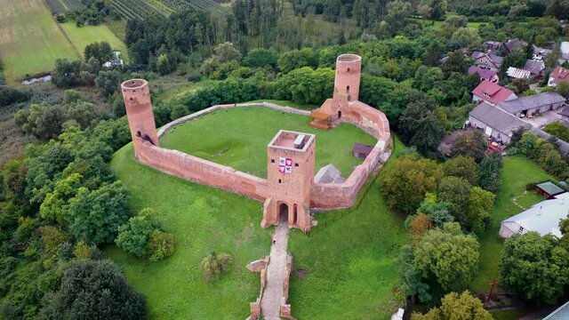 4k drone aerial footage of Castle of the Masovian Dukes in Czersk village, Poland