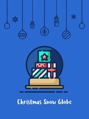 Christmas gift box in snow globe icon with christmas ornament elements hanging background.