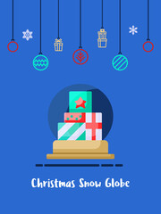 Christmas gift box in snow globe icon with christmas ornament elements hanging background.