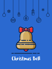 Christmas bell icon with christmas ornament elements hanging background.