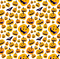 Halloween Pumpkin Seamless Pattern.Jack-o-lantern, Endless Orange Bright Background,Cute Pumpkins,Bats. All Saints Day Banner. Bright Greeting Happy Halloween. Textile Print.Spooky Vector Illustration