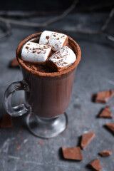 Hot chocolate and marshmallows. Cocoa in a glass goblet, cup. Dark background. Horizontal view