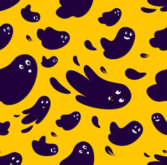 Halloween Festive Seamless Pattern.Endless Purple Bright Background with Cute Couple of Ghosts.All Saints Day Banner.Bright Greeting Card.Happy Halloween.Ghost Textile Print.Spooky Vector Illustration