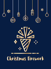 Christmas firework celebration icon with christmas ornament elements hanging background.