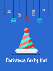 Christmas and party hat icon with christmas ornament elements hanging background.
