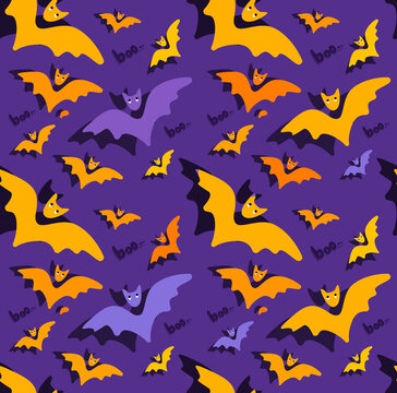 Halloween Orange Purple Seamless Pattern.Endless Bright Background , Cute Bats,Flittermouse.All Saint Day Banner. Differernt Bats Greeting Card.Happy Halloween.Textile Print.Spooky Vector Illustration