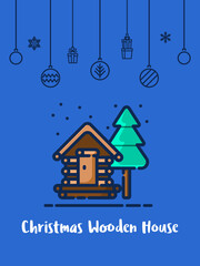 Wooden house in the winter season icon with christmas ornament elements hanging background.