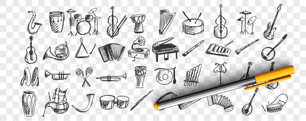 Musical instruments doodle set. Collection of hand drawn sketches templates drawing patterns of music instrument piano drums guitar flute saxophone on transparent background. Art and creativity.