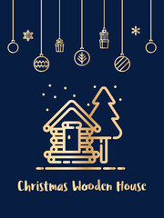 Wooden house in the winter season icon with christmas ornament elements hanging background.