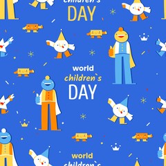 World Children's Day - November 20 - vector seamless pattern with cheerful childish geometric characters and the text on blue background. Annual celebration in honor of children