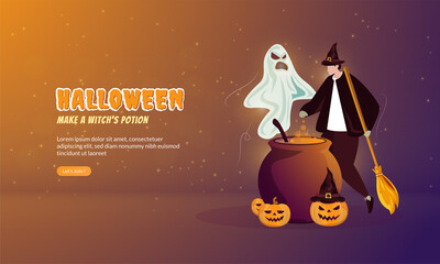 Flat illustration of make a witch's potion for Halloween party concept