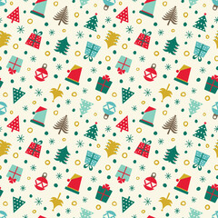 Simple Christmas seamless pattern with gift boxes, trees and toys.