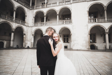 Perfect couple bride, groom posing and kissing in their wedding day