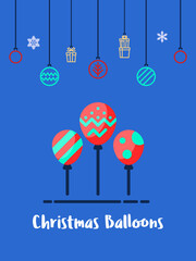 Christmas balloons party icon with christmas ornament elements hanging background.