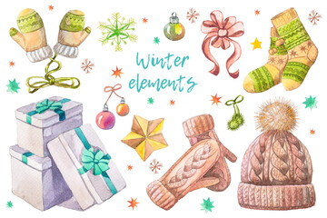 Winter elements on white background, watercolor handwork.