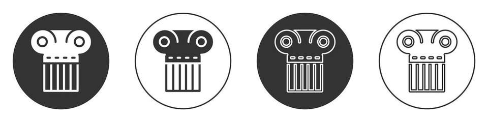 Black Ancient column icon isolated on white background. Circle button. Vector.