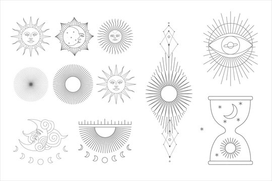 Set of decorative tarot cards. Vintage retro vintage engraving style. the sun, moon phases, crystals, magic symbols. print in the interior and design. vector graphics