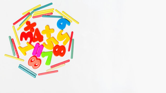Colorful numbers and counting sticks .for schooling on white background with copy space