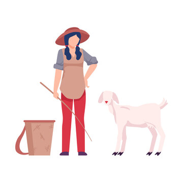 Asian Female Farmer Tending Sheeps Vector Illustration