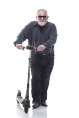 Fototapeta na wymiar elderly man standing on electric scooter. isolated on a white