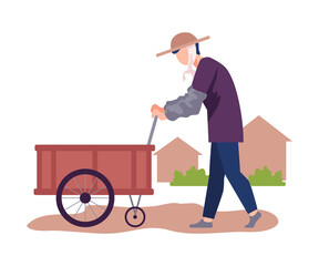 Asian Male Farmer Pushing Hand Barrow or Handcart Vector Illustration