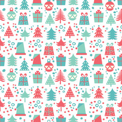 Simple Christmas seamless pattern with gift boxes, trees and toys.