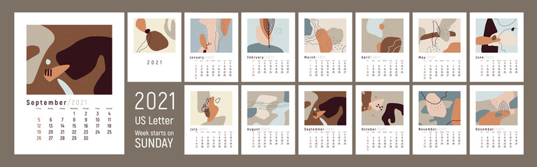 Wall сalendar 2021 design. Abstract vector illustrations. Week starts on Sunday. US Letter format. Monthly Wall Calendar 2021. Editable calender page template. Set of 12 months. Pastel warm colors.