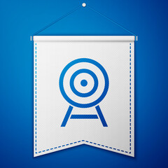 Blue Target with arrow icon isolated on blue background. Dart board sign. Archery board icon. Dartboard sign. Business goal concept. White pennant template. Vector.