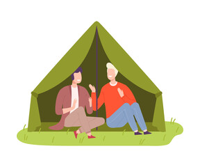 Obraz premium Young Men Camper Sitting Under Tent and Talking Vector Illustration