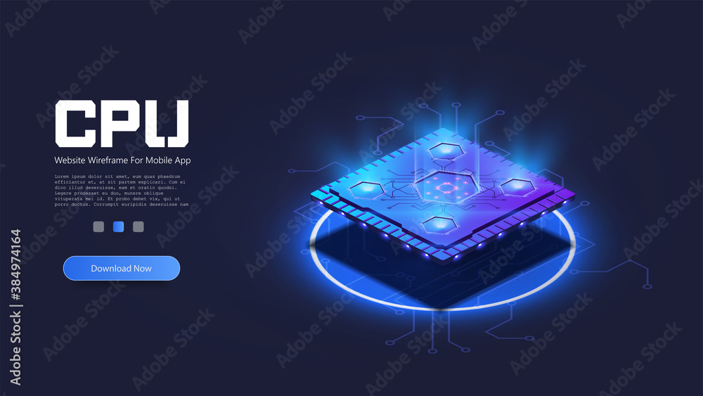 Poster futuristic microchip processor with lights on the blue background. quantum computer, large data proc