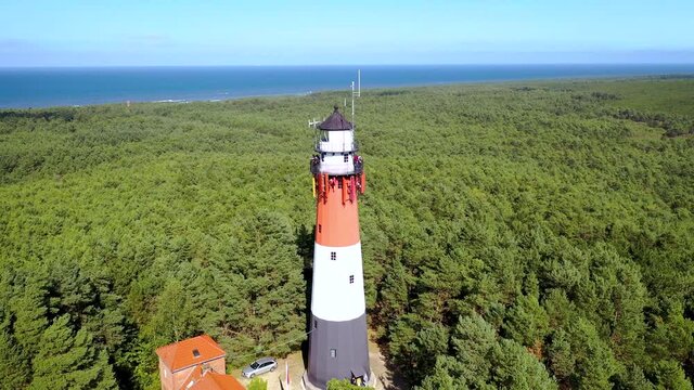 4k drone footage of Stilo Lighthouse in Osetnik on Baltic Sea in Poland