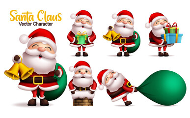 Santa claus vector character set. Santa claus characters in different gift giving pose and gestures isolated in white background for xmas holiday season 3d realistic design. Vector illustration. 