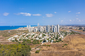 Givat Olga skyline, located on Hadera west side, with The Mediterranean Sea in the background, Aerial image.