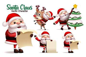 Santa claus character vector set. Santa claus characters in reading wish list, riding reindeer and christmas tree decorating for xmas 3d realistic collection design. Vector illustration.
