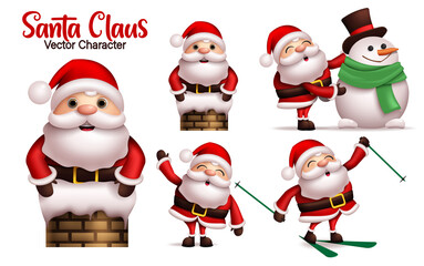 Santa claus vector character set. Santa claus characters in different winter outdoor activities like skating and playing snowman for holiday season 3d realistic design. Vector illustration.
