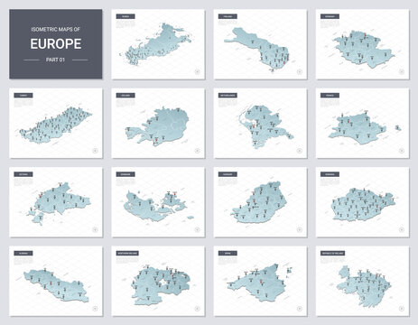 Vector Isometric Maps Set - Europa Continent.  Maps Of European Countries With Administrative Division And Cities. Part 1.