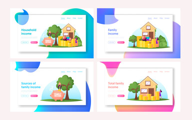 Family Basic Income Landing Page Template Set. Tiny Characters around of Huge House with Piles of Coins and Piggy Bank