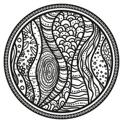 Zendala. Zentangle. Hand drawn circle background. Design for spiritual relaxation for adults. Black and white illustration