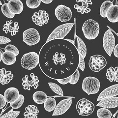 Hand drawn sketch walnut design template. Organic food vector illustration on chalk board. Vintage nut illustration. Engraved style botanical background.