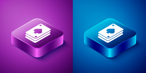 Isometric Playing cards icon isolated on blue and purple background. Casino gambling. Square button. Vector.