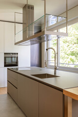 Modern kitchen with suspended hood, large sink, oven and wooden worktop.