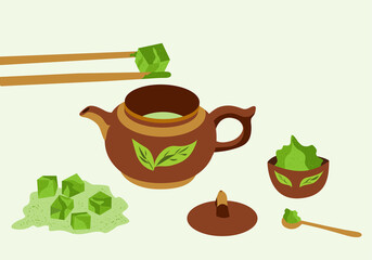 Matcha tea set: teapot, spoon, cup, matcha green tea, sticks. Asian japanese and chinese drink ceremony.